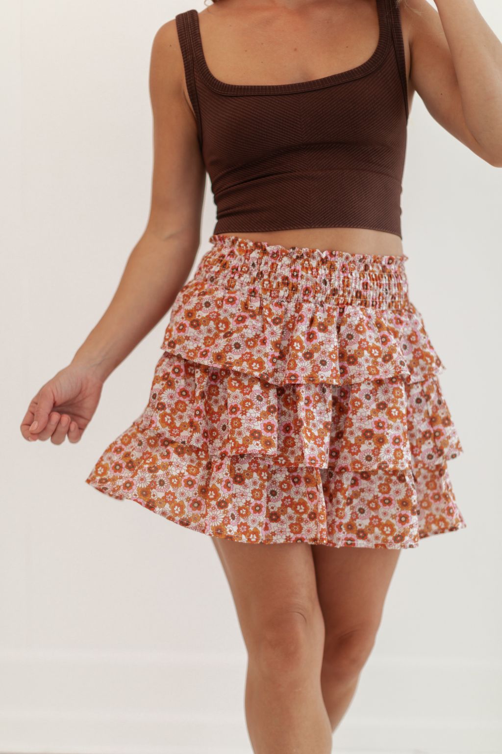 Tiered Ruffle Floral Print Mini Skirt