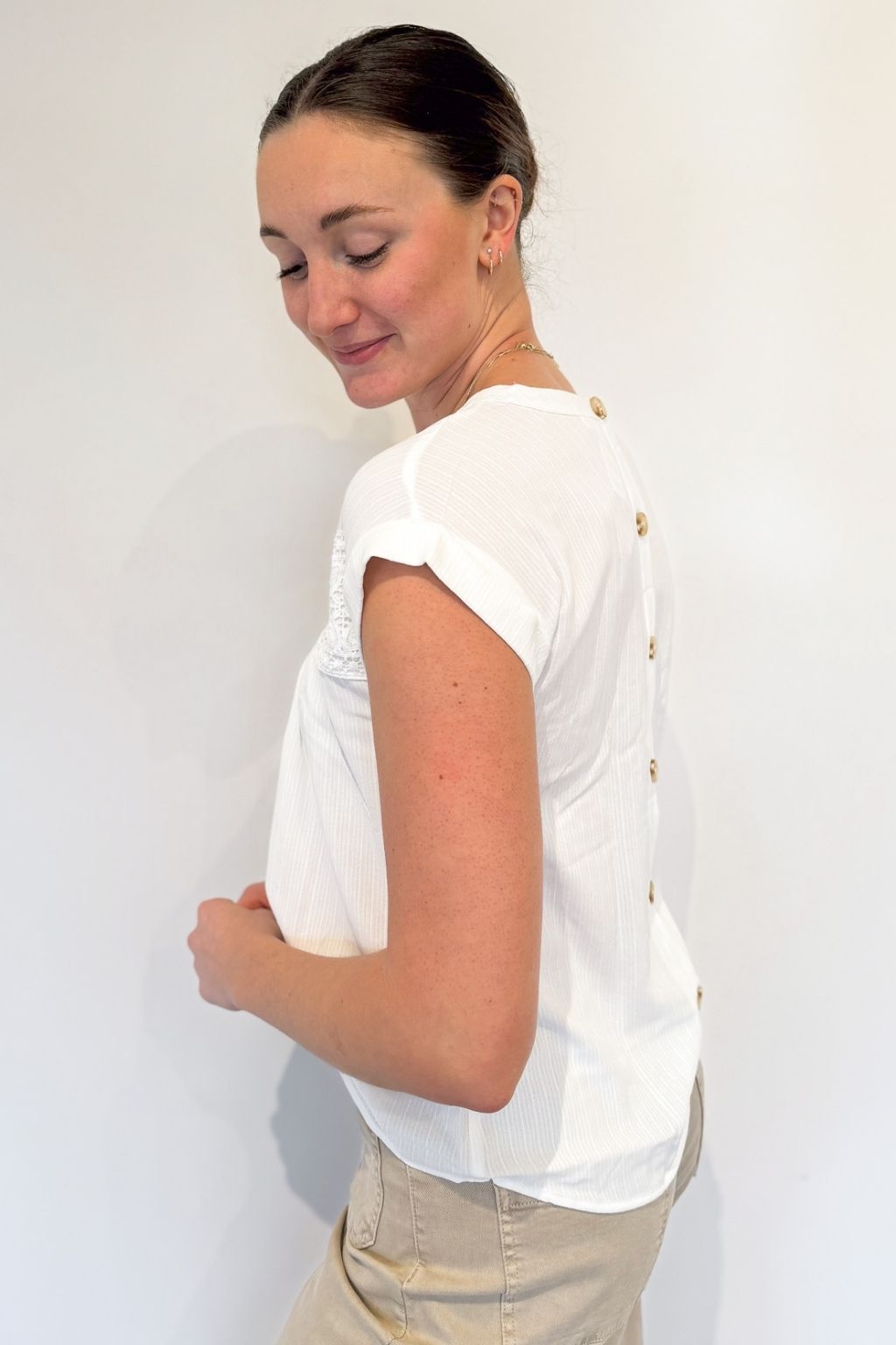 Eyelet Detail Top with Back Buttons White
