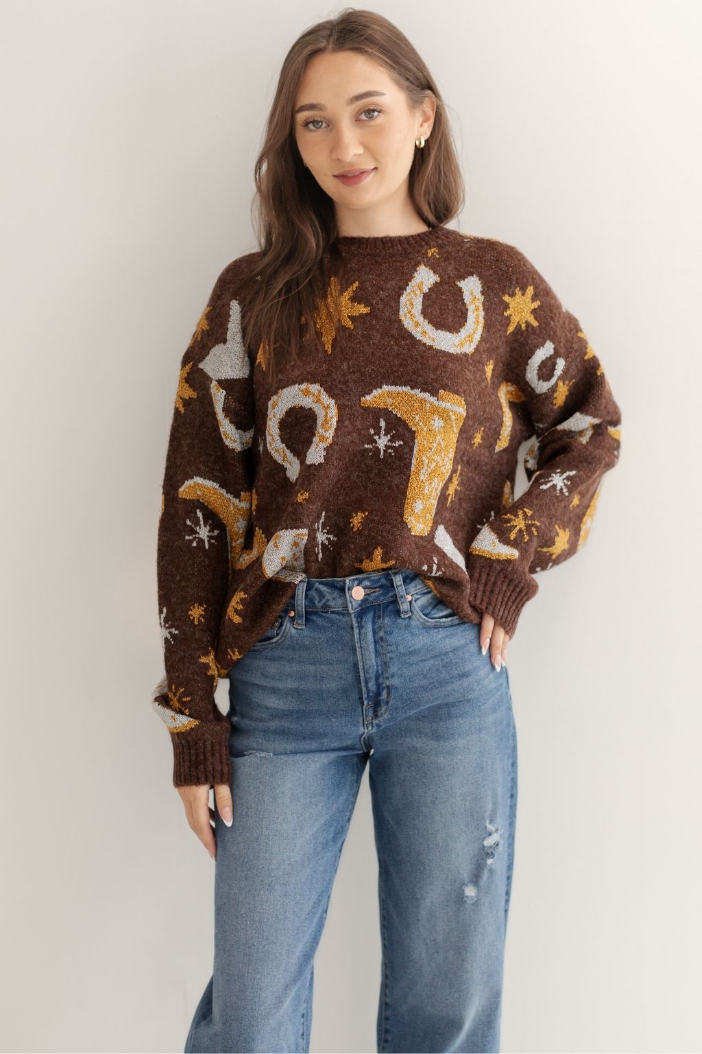 Metallic Western Sweater Brown