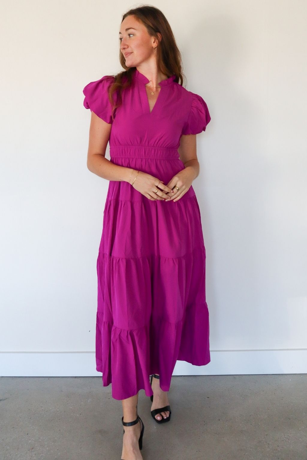 Puff Sleeve V-Neck Tiered Dress Violet