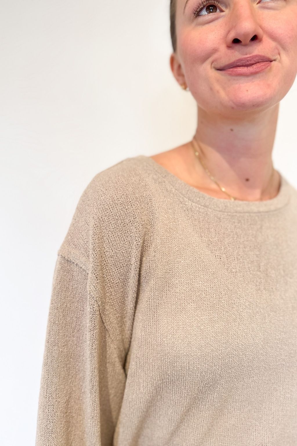 Long Sleeve Raw Edge Knit Top Taupe