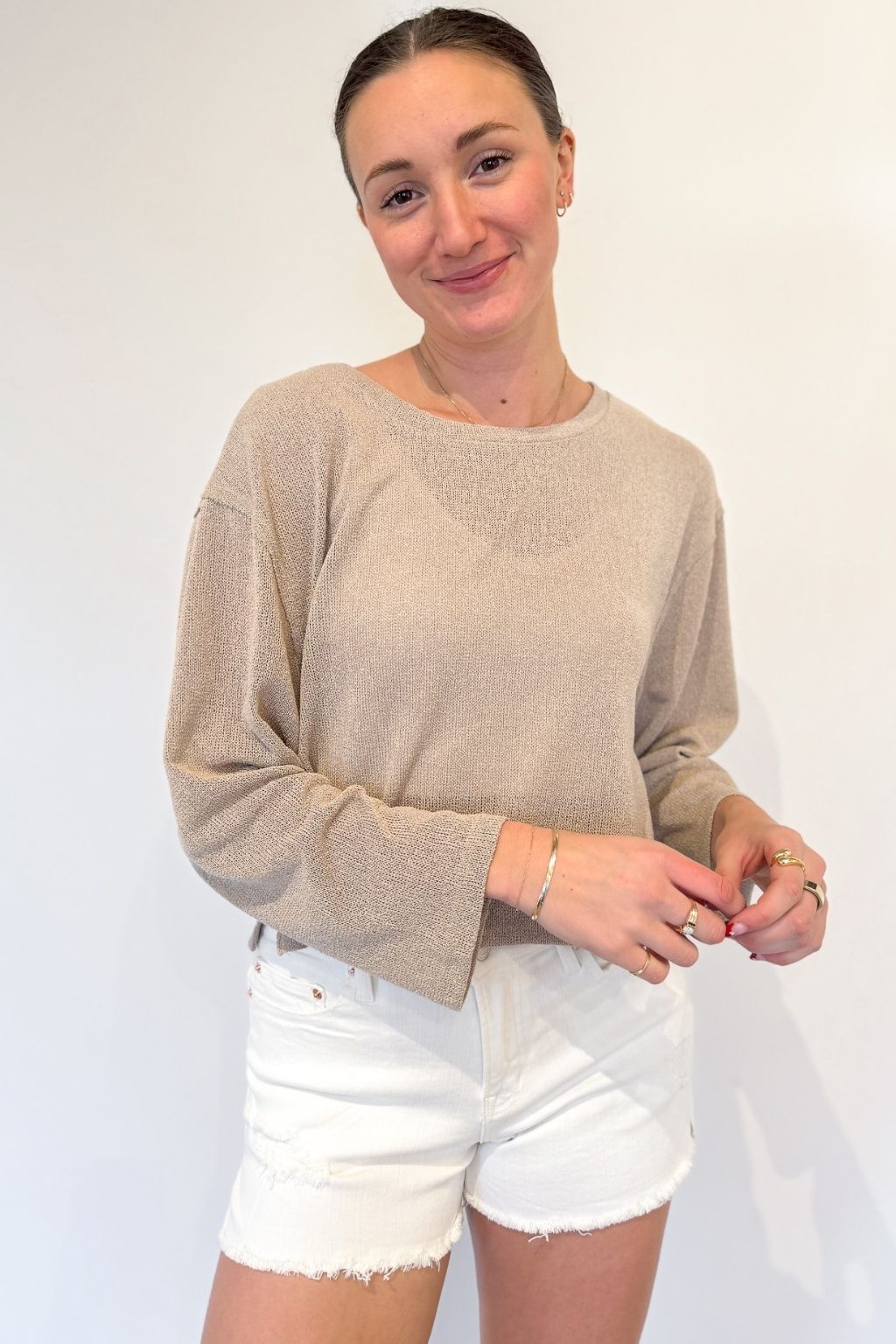 Long Sleeve Raw Edge Knit Top Taupe