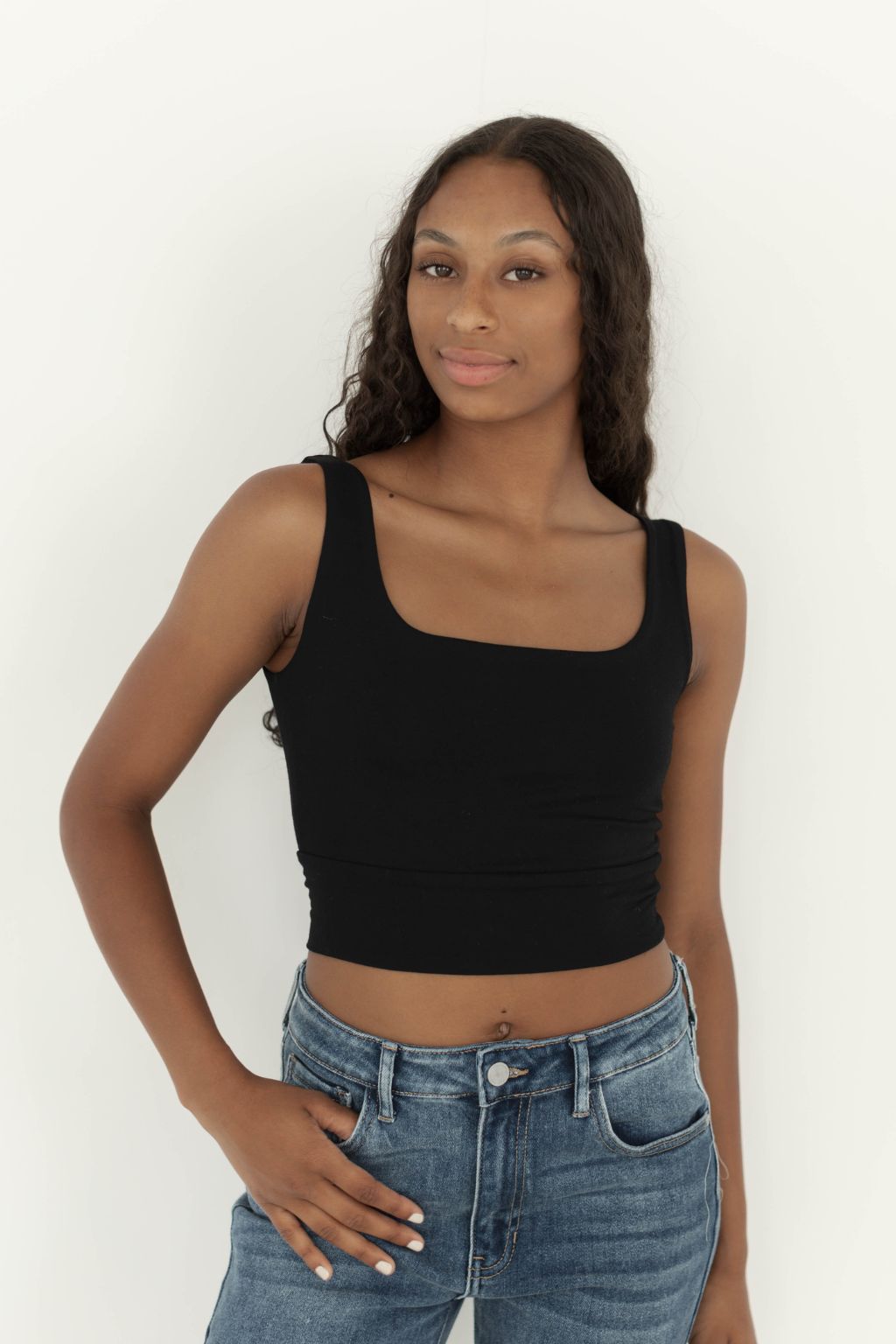Square Neck Cropped Knit Tank Black