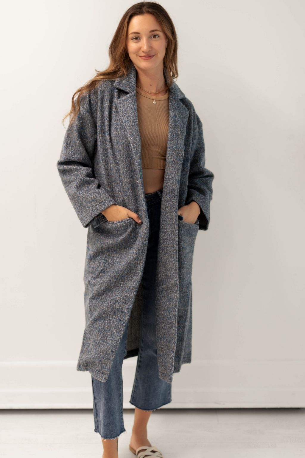 Brushed Open Front Long Coat Teal