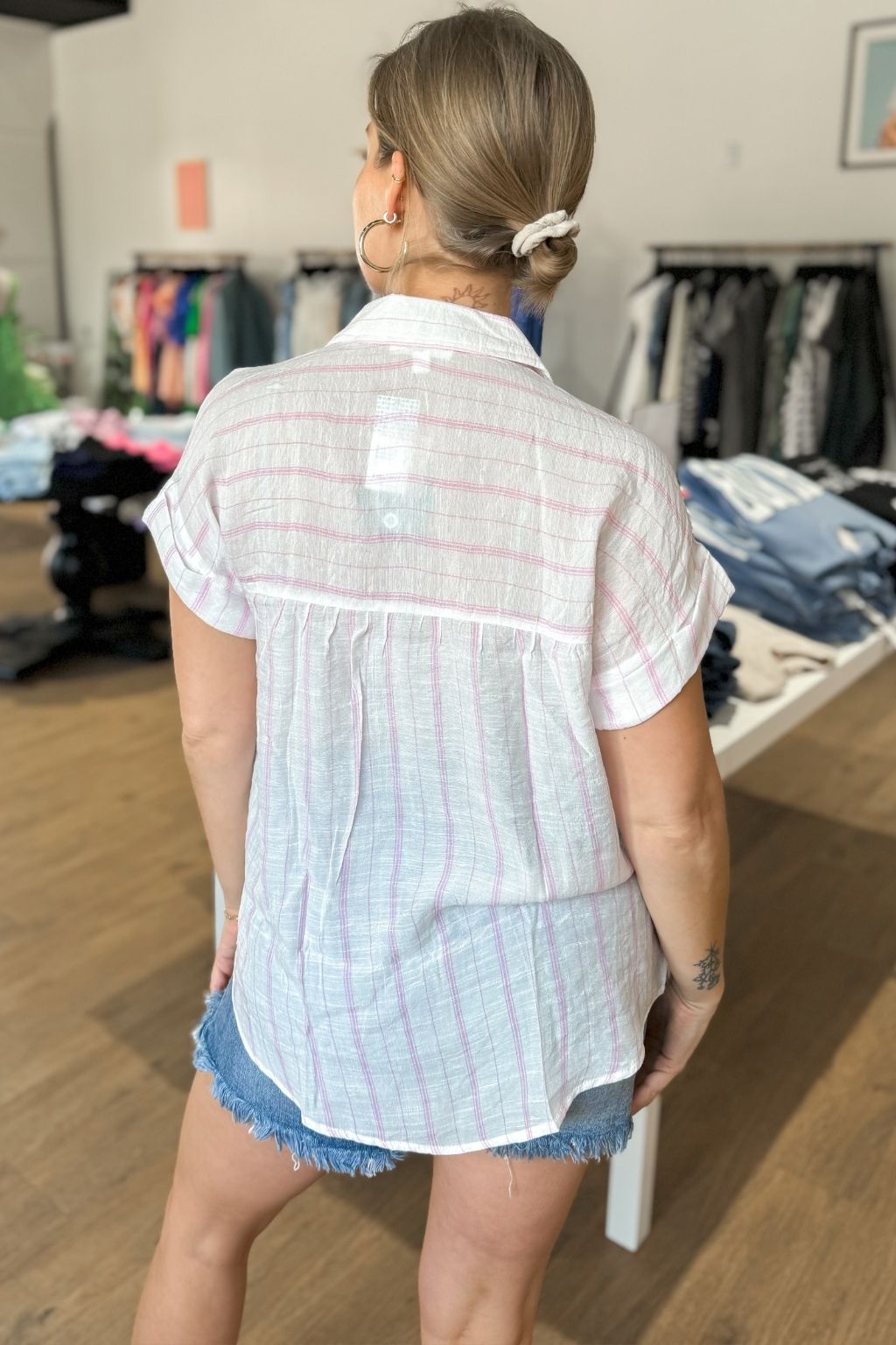 Short Sleeve Stripe Button Up Shirt Pink