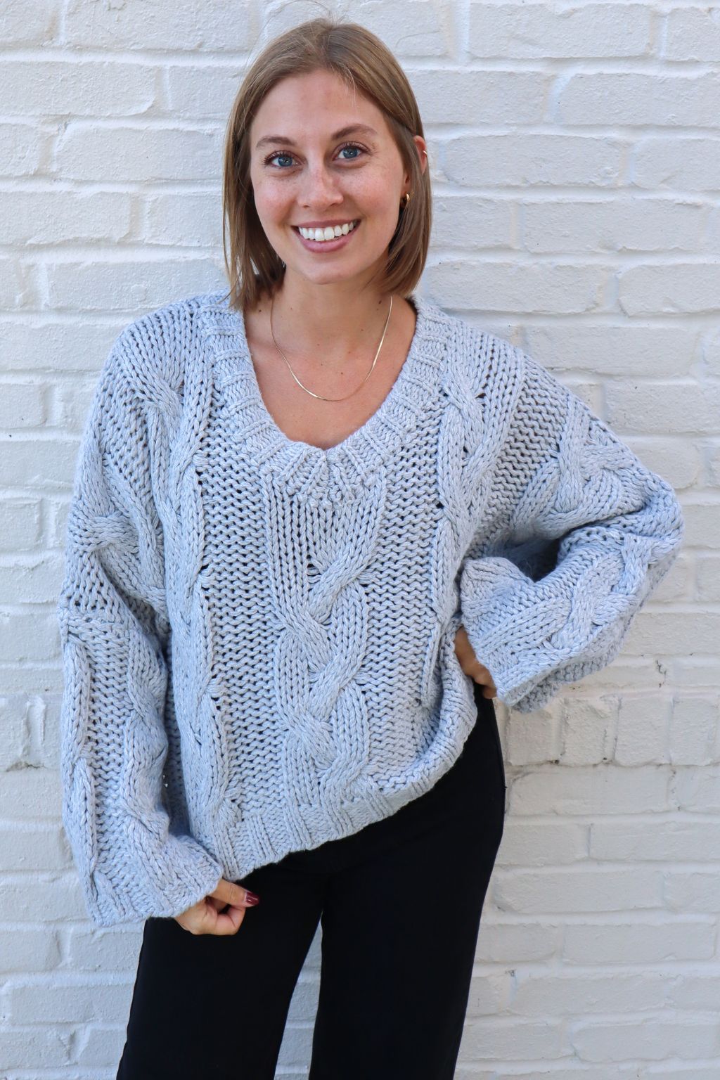 Slouchy V-Neck Cable Knit Sweater