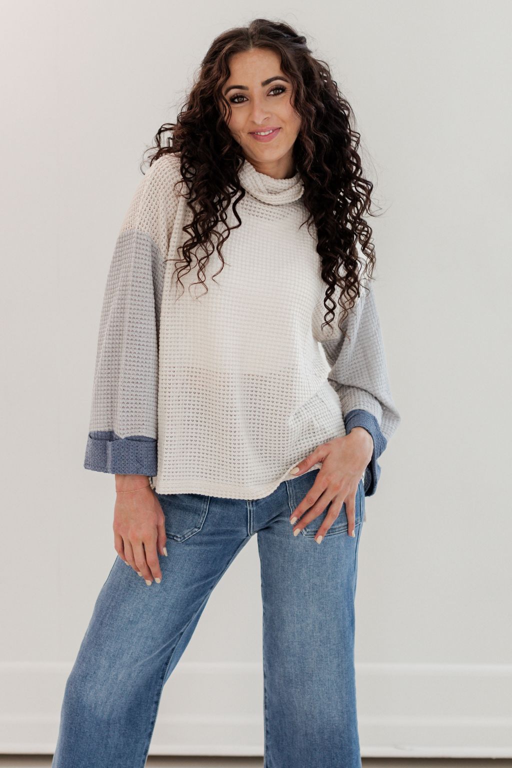 Cowl Neck Colorblock Waffle Weave Top