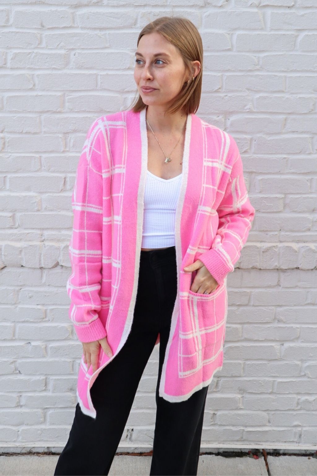 Plaid Open Front Cardigan Pink