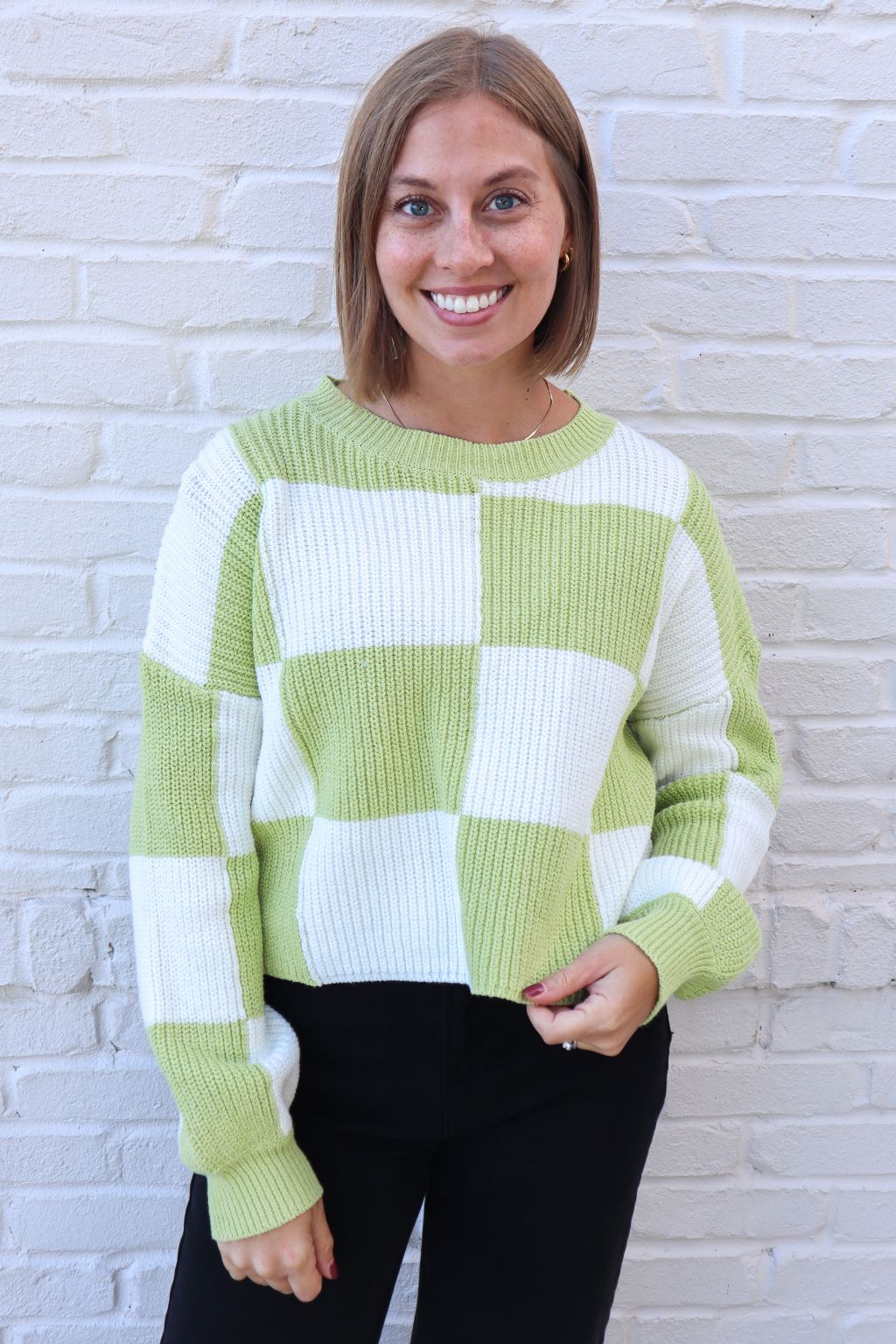 Checkered Crew Sweater Lime