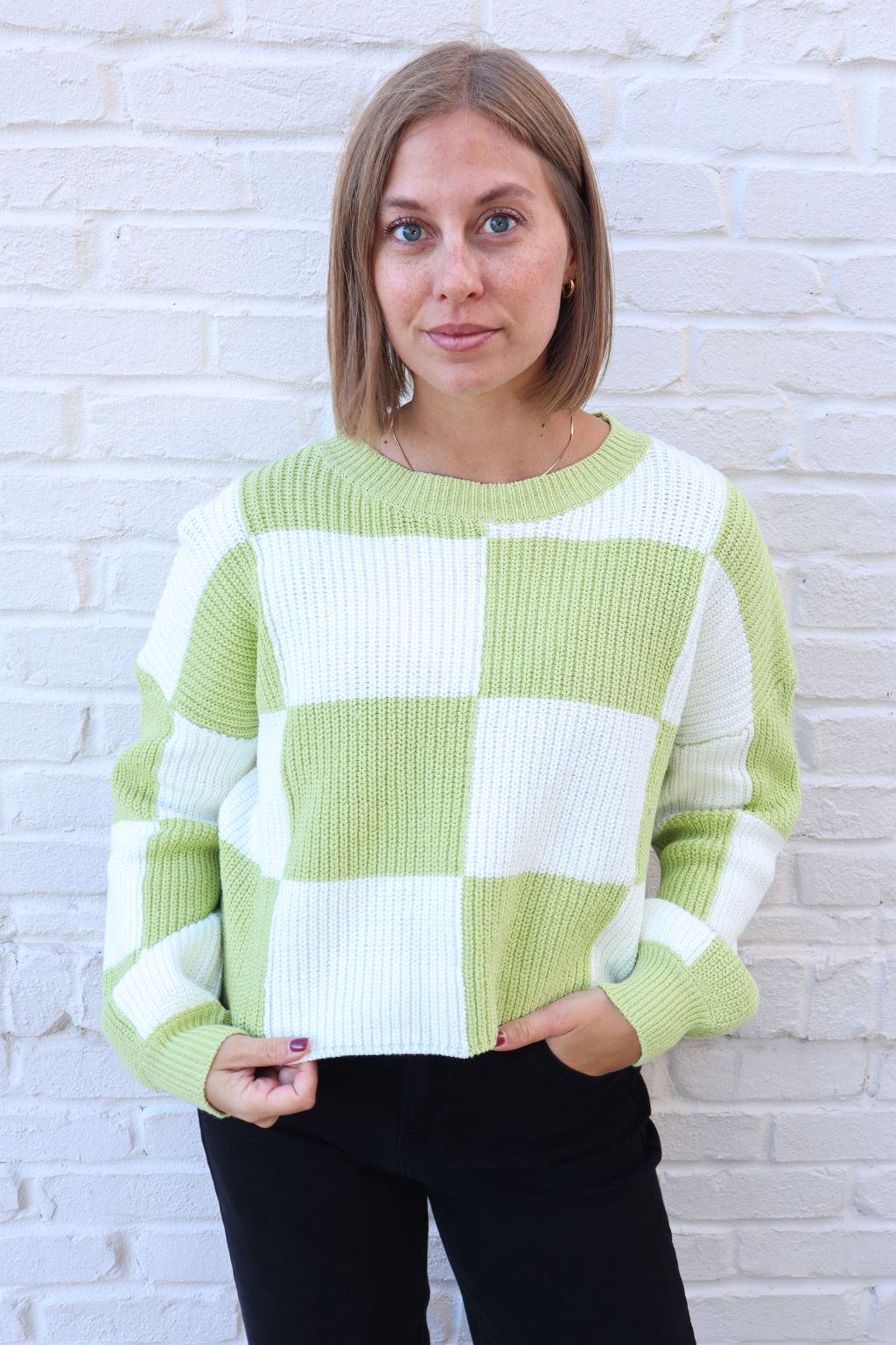 Checkered Crew Sweater Lime