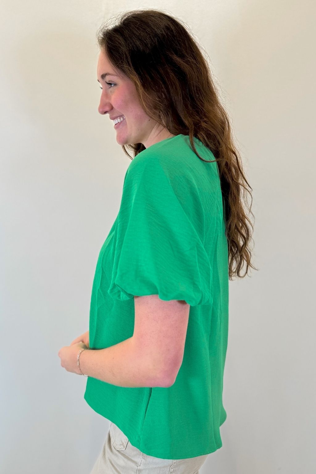 Puff Sleeve V-Neck Top Green