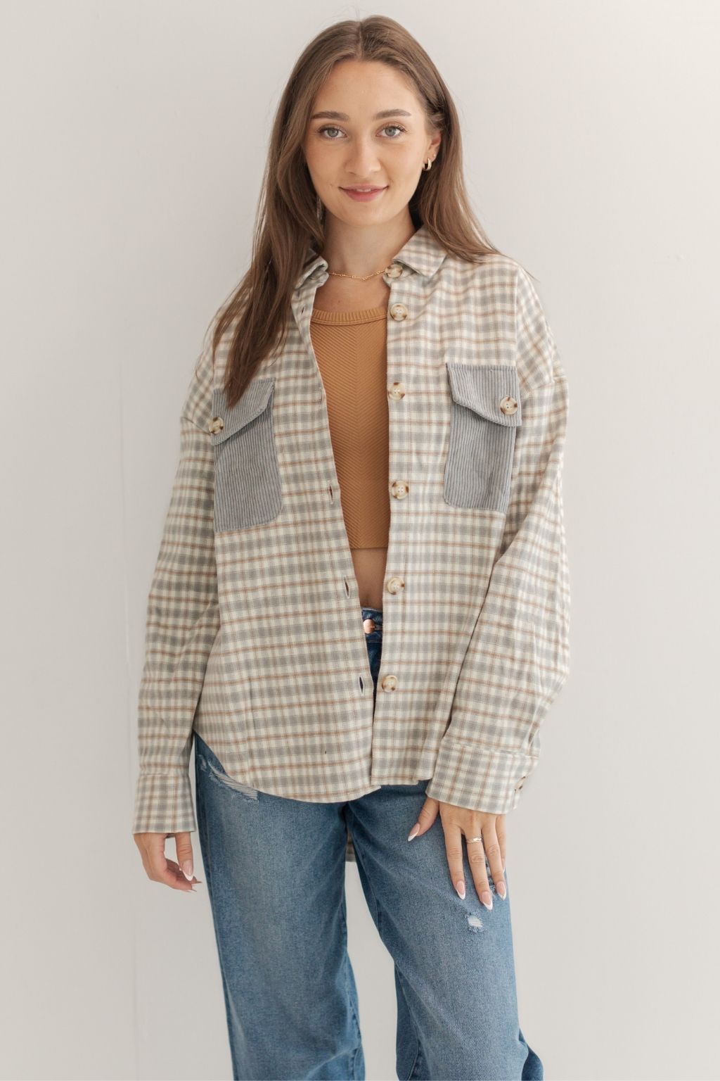 Checkered Houndstooth Flannel Shacket with Cord Pockets Gray