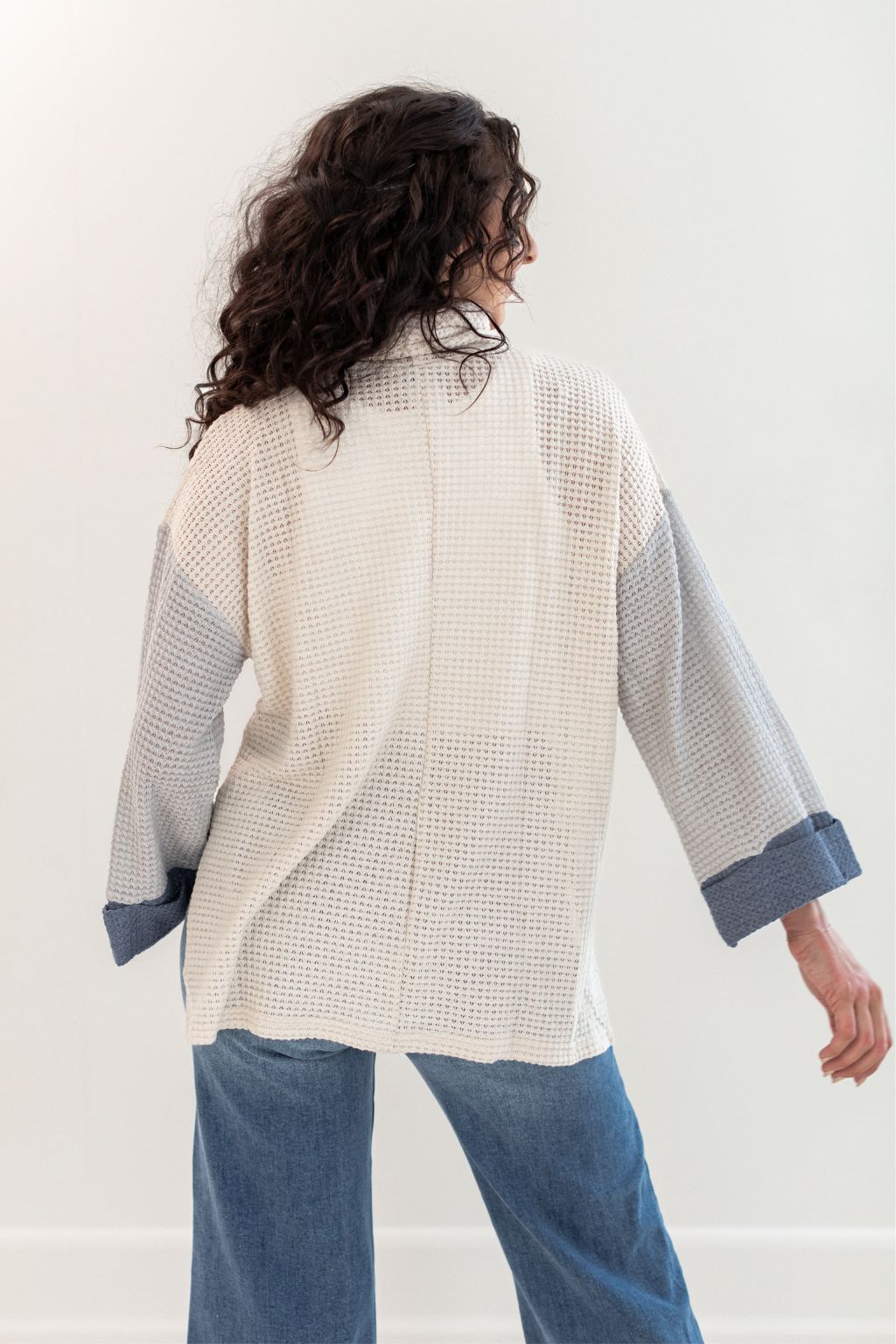 Cowl Neck Colorblock Waffle Weave Top