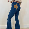 dark blue denim flare leg faux suede star detail jeans