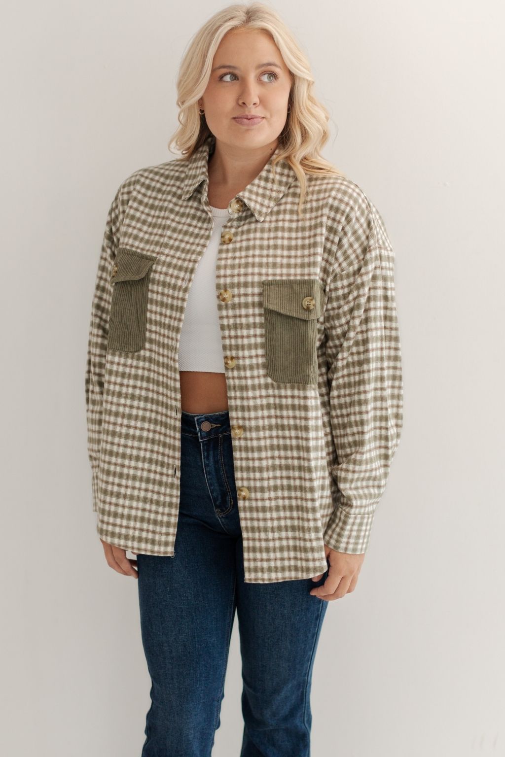 Checkered Houndstooth Flannel Shacket with Cord Pockets Olive