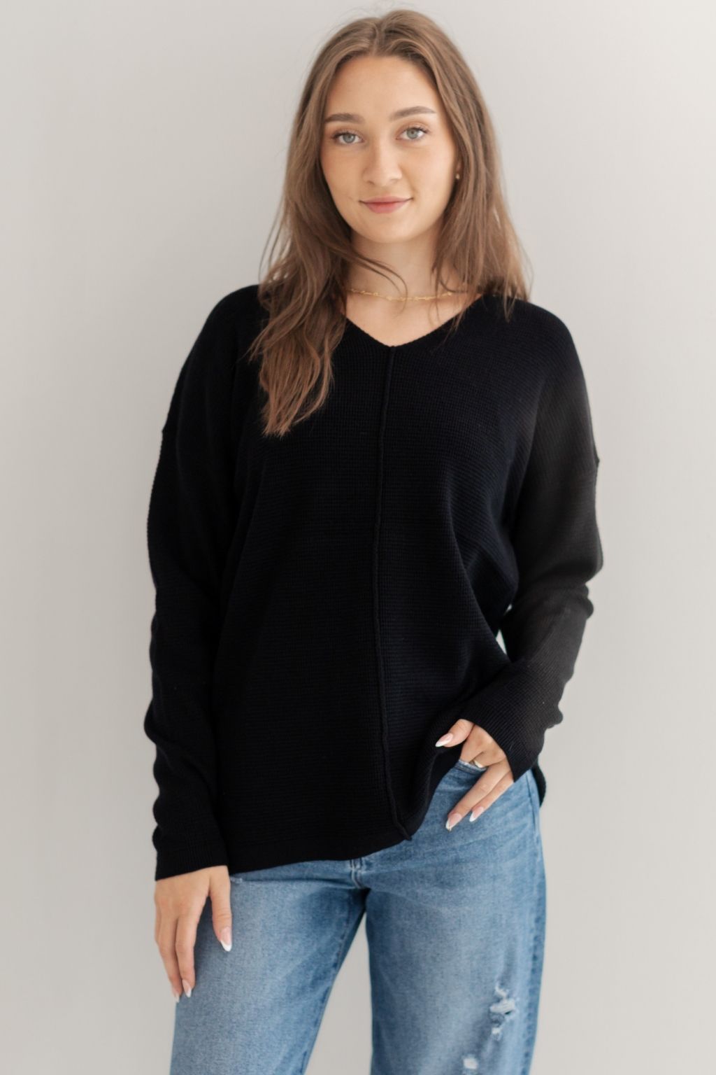 Long Sleeve V-Neck Waffle Knit Top Black