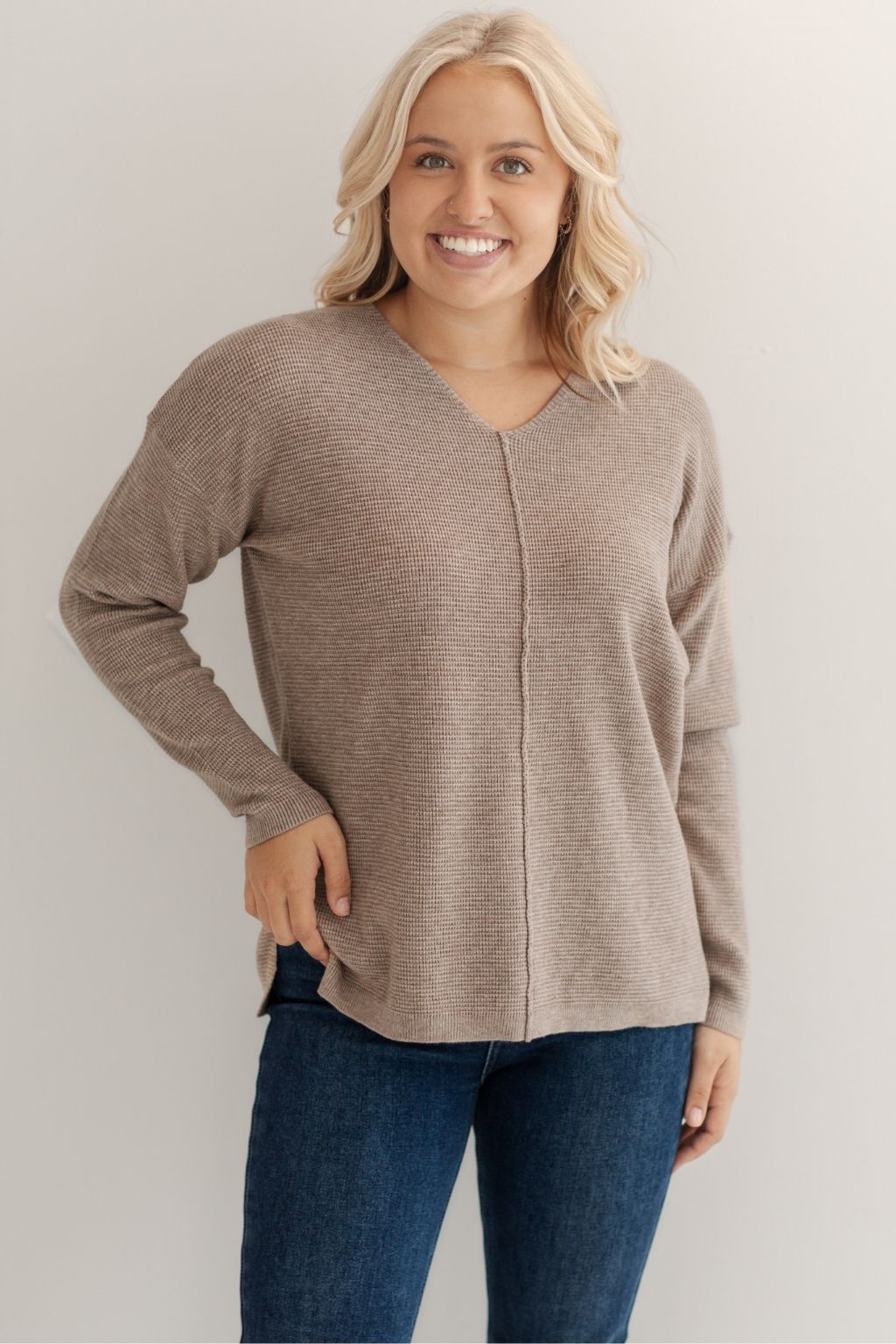 Long Sleeve V-Neck Waffle Knit Top Taupe