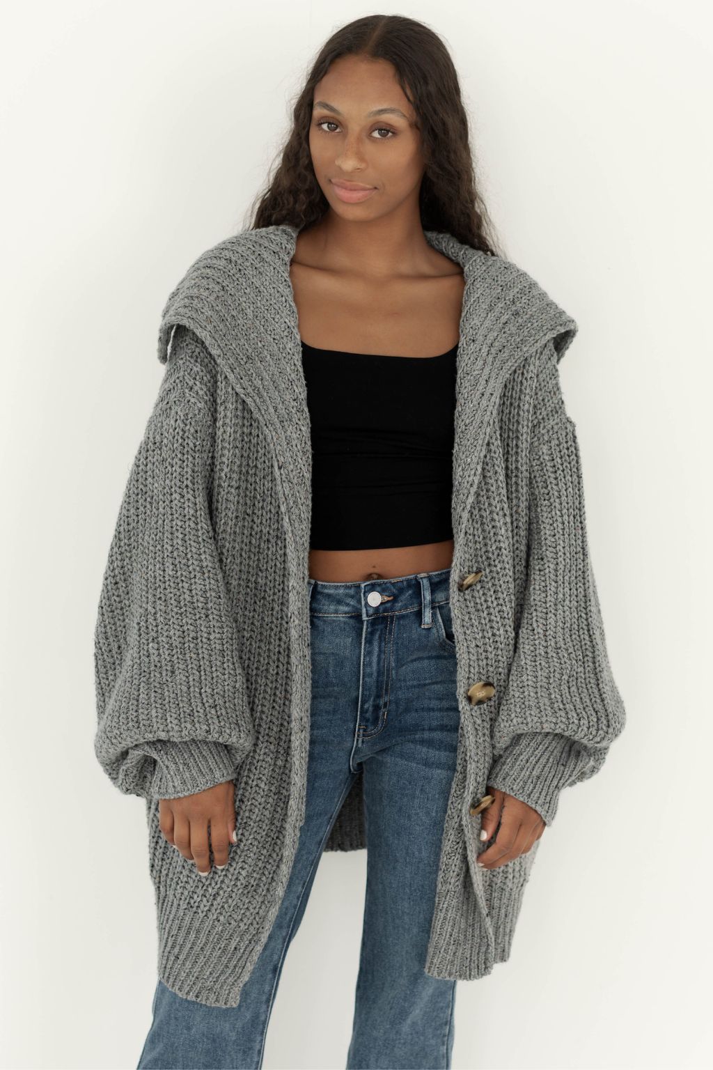 Oversized Ribbed Buttonfront Cardigan Gray