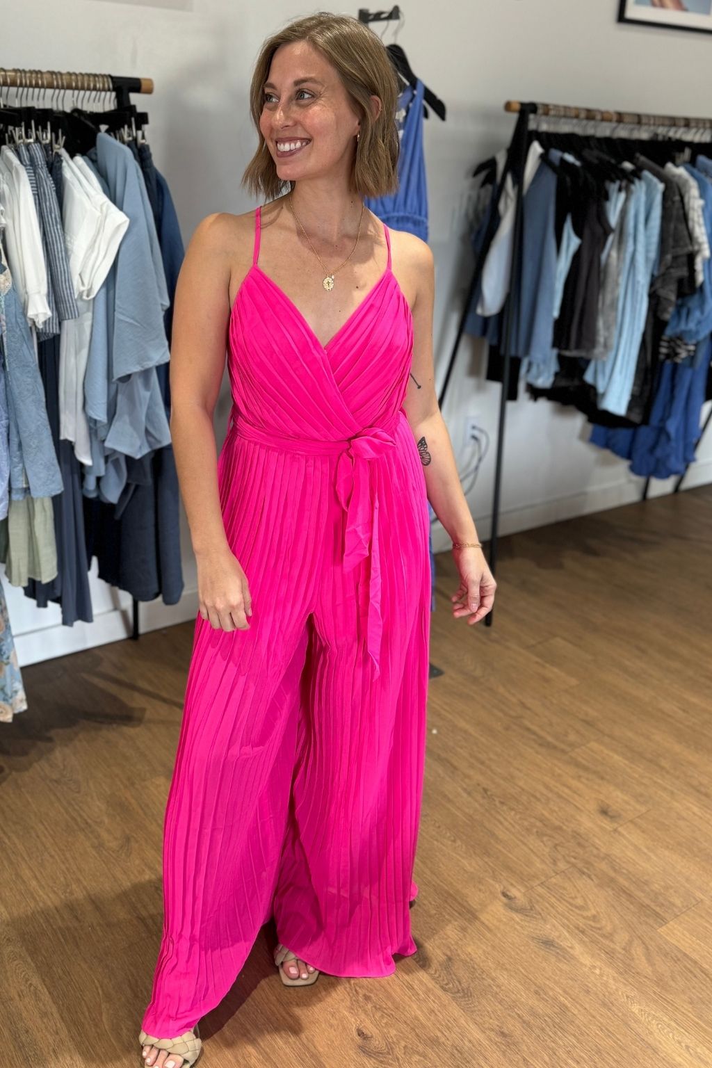Pleated Open Back Woven Jumpsuit