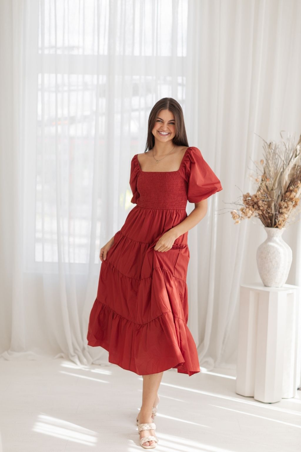 Square Neck Bubble Sleeve Tiered Maxi Dress