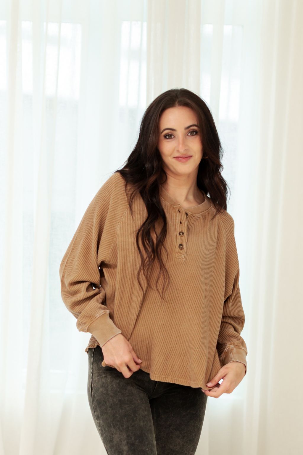 Long Sleeve Waffle Weave Henley Knit Top Brown