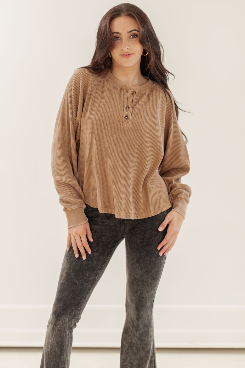 Long Sleeve Waffle Weave Henley Knit Top Brown
