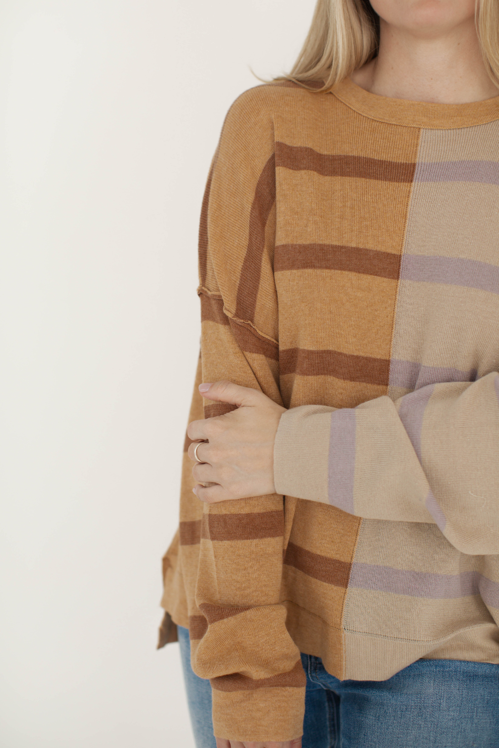 Striped Colorblock Loose Fit Sweater Mocha and Lavender