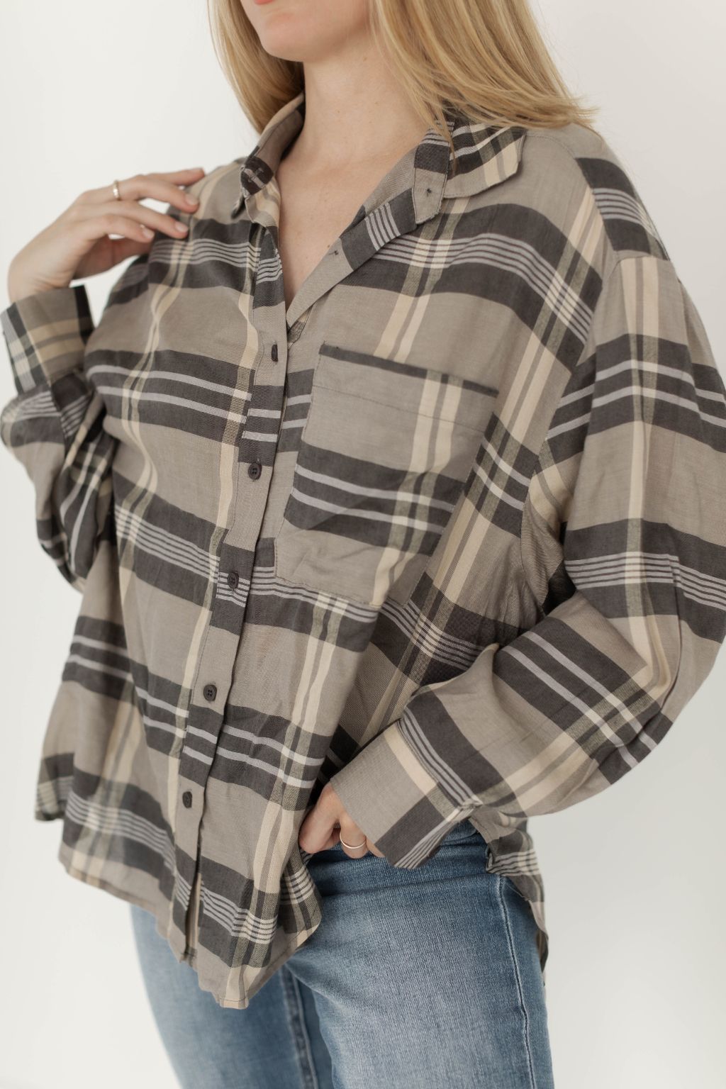 Plaid Flannel Oversized Button Shirt Mocha Brown
