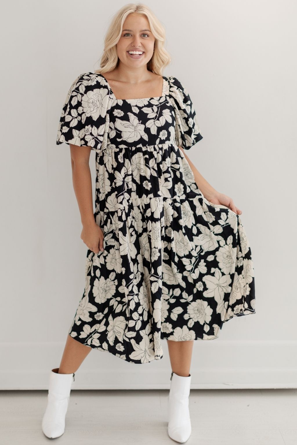 Puff Sleeve Floral Midi Dress