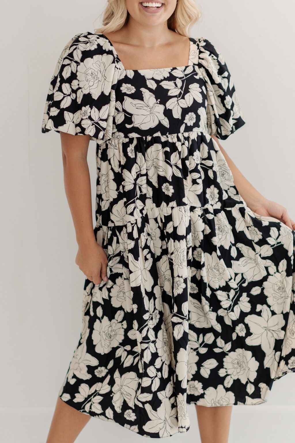 Puff Sleeve Floral Midi Dress