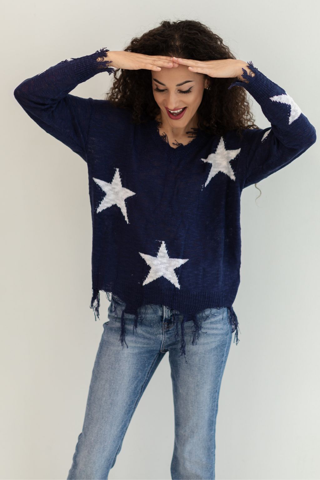 Frayed V-neck Star Sweater Navy