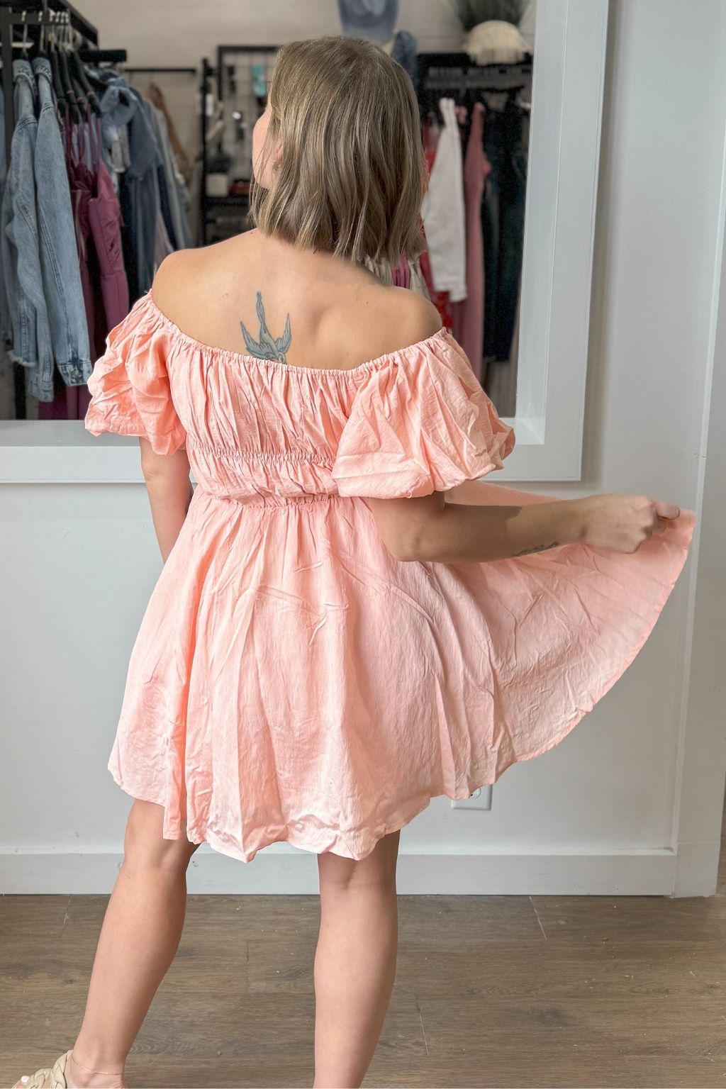 Puff Sleeve Off the Shoulder Dress Peach