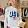 long sleeve super soft ribbed sweatshirt top with crewneck and usa flag design on front