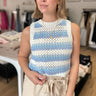 blue striped sleeveless sweater tank top in cropped length with crewneck in granny square crochet knit material