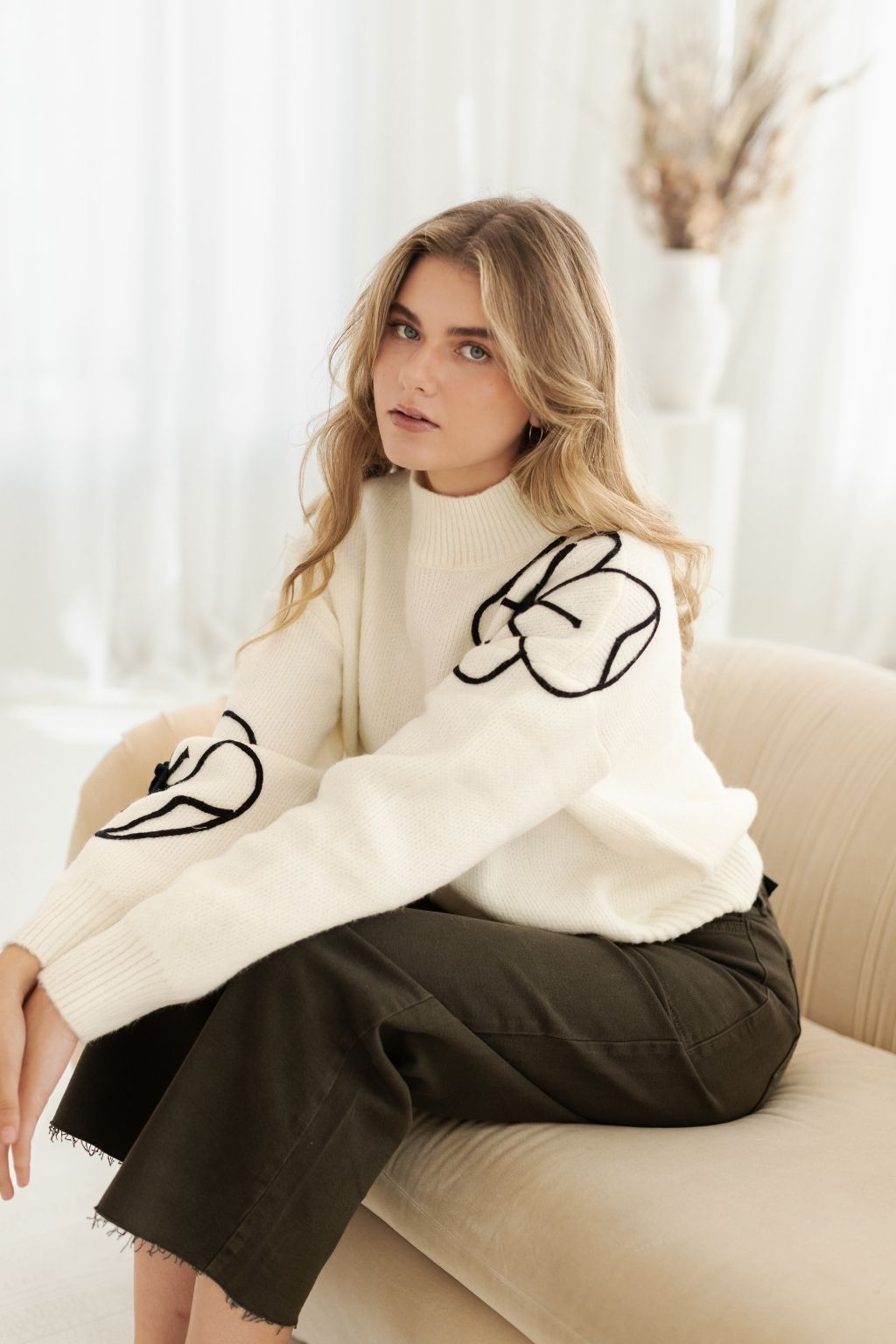 Flower Embroidered Mock Neck Sweater Ivory