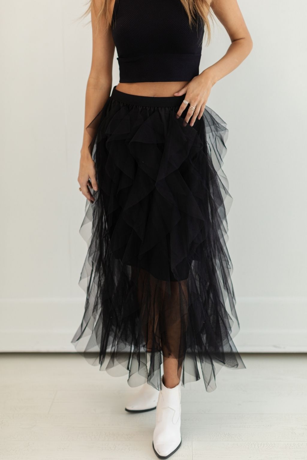 Ruffled Tulle Midi Skirt