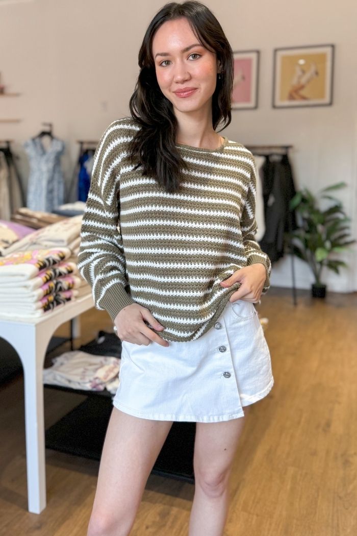olive striped knit relaxed fit sweater