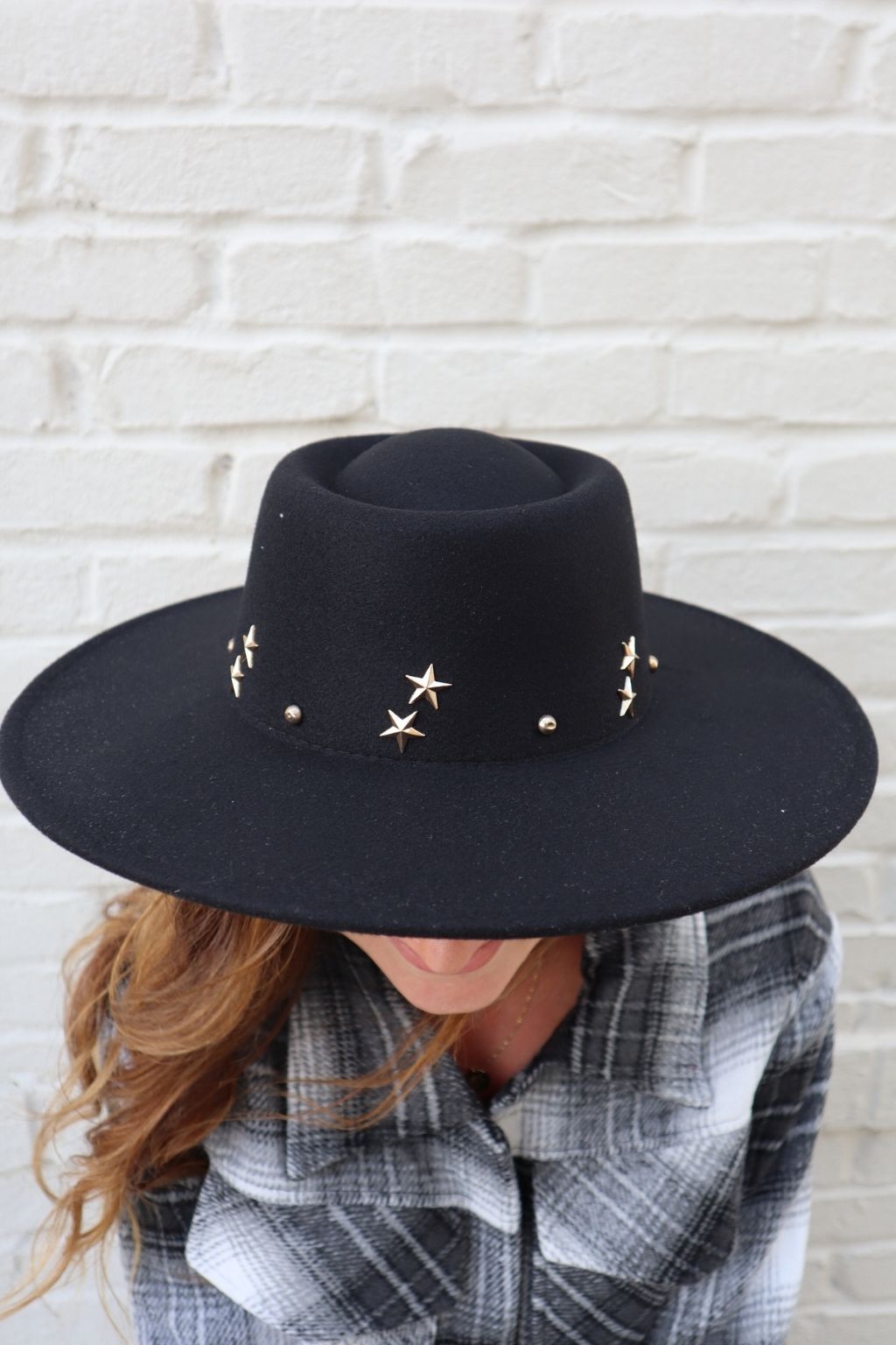 Star Stud Fedora Wide Brim Hat Black
