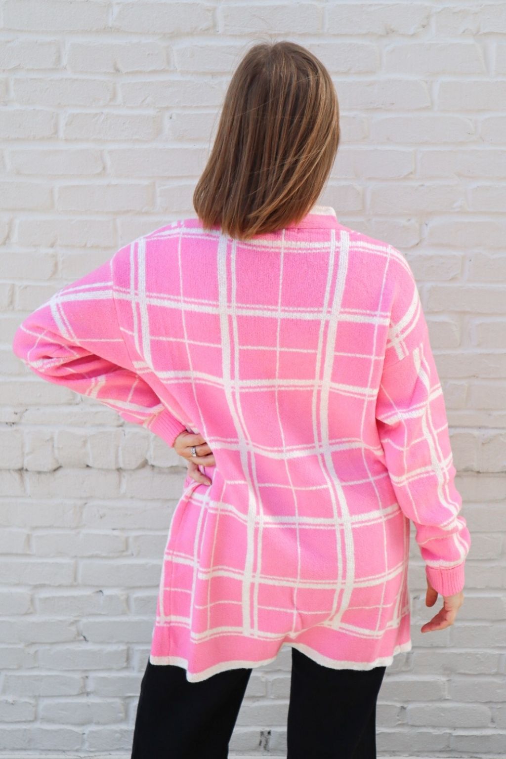 Plaid Open Front Cardigan Pink