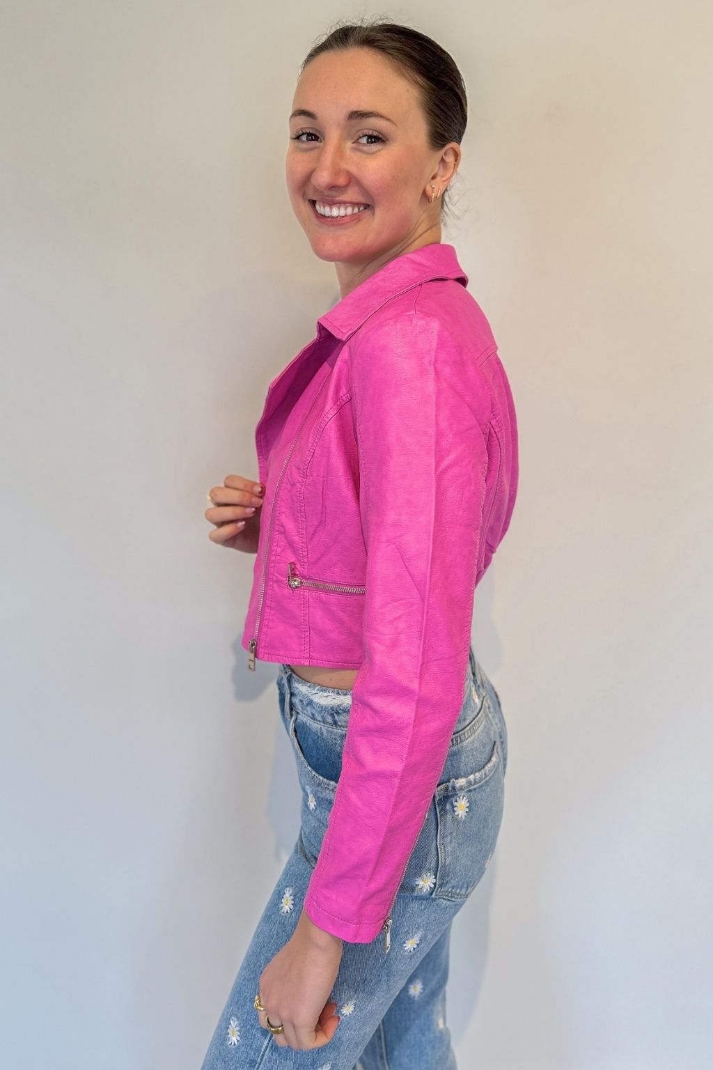 Vegan Leather Crop Jacket Pink