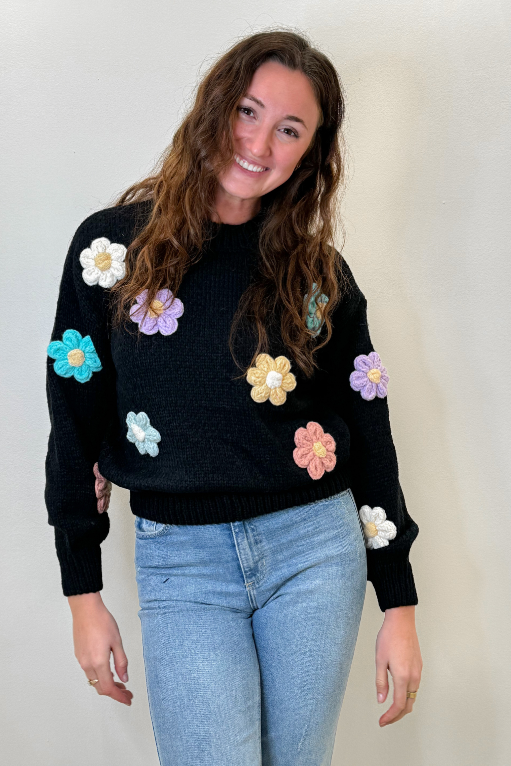 Crewneck Sweater with Flower Detail Black