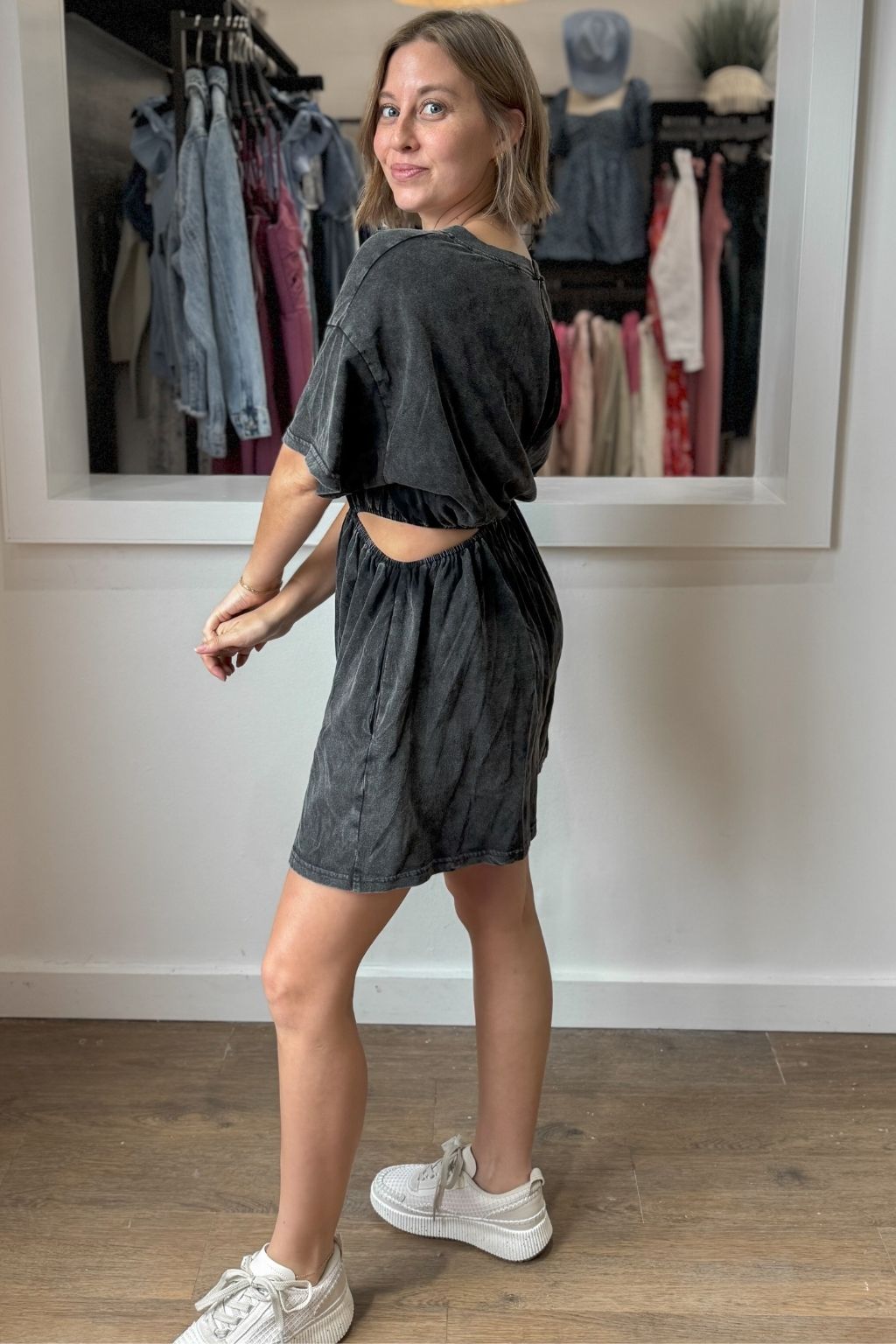 Washed Cut-Out Romper Black