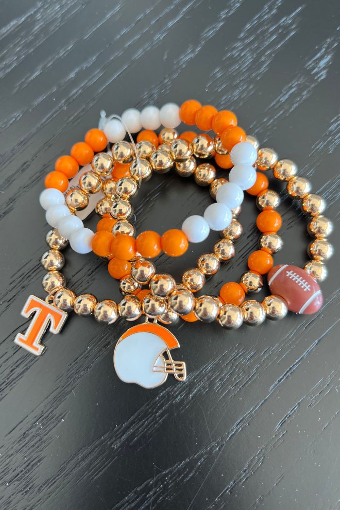orange white gold stretch bracelet set with tennessee football charms