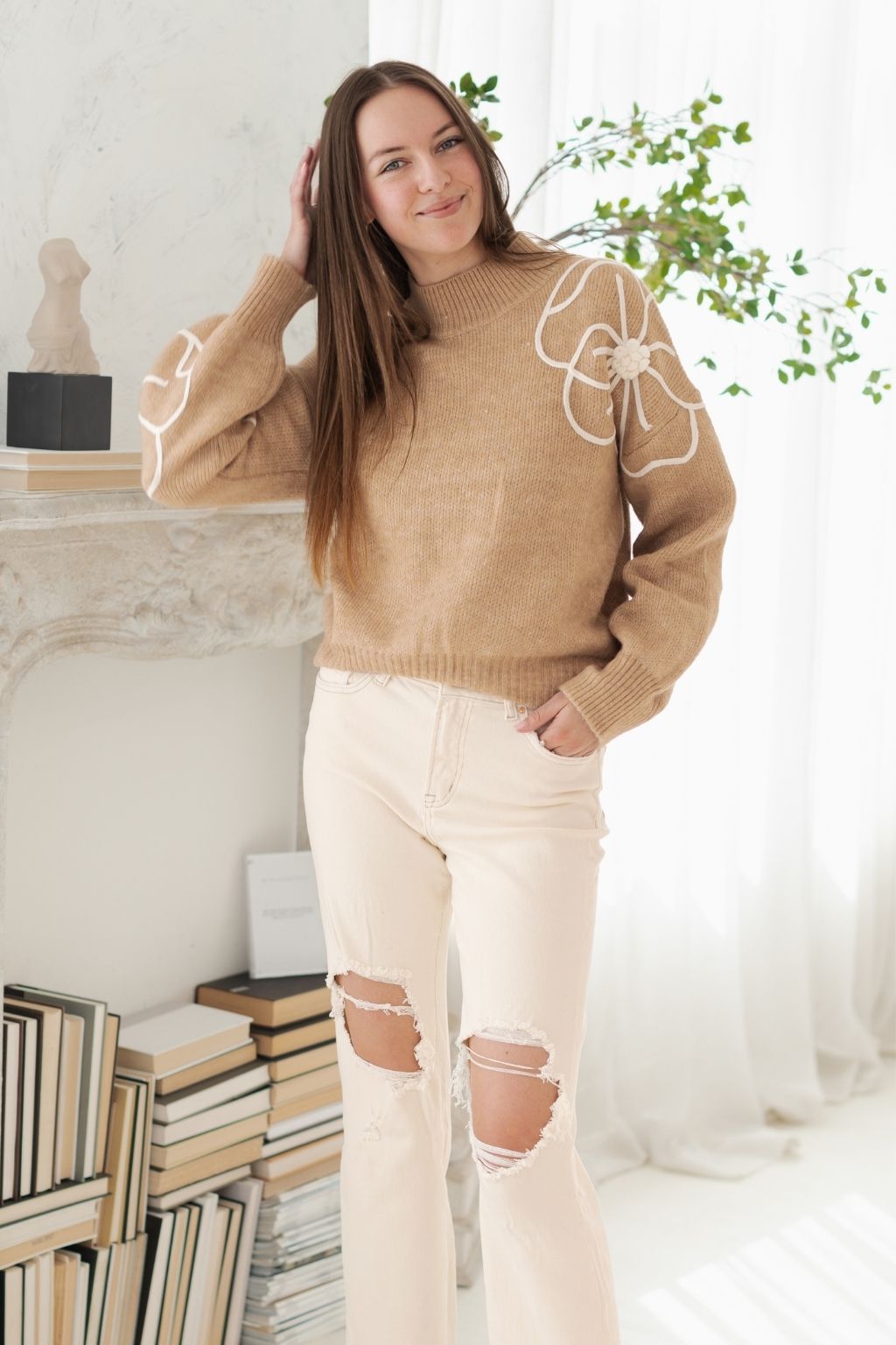 Flower Embroidered Mock Neck Sweater Taupe