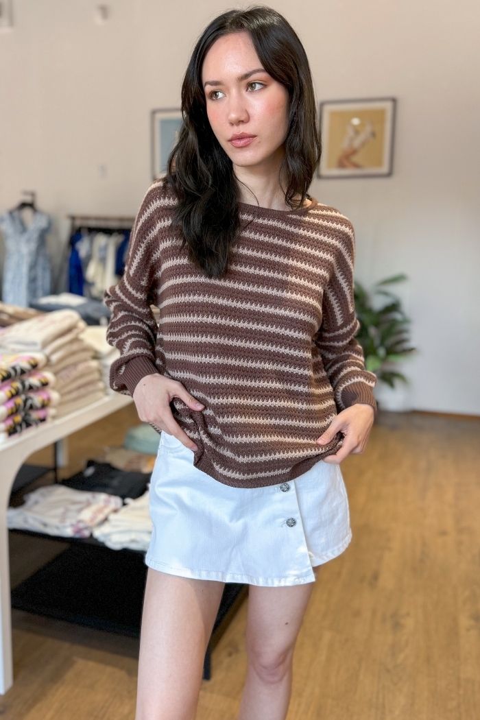 brown stripe knit long sleeve round neck sweater