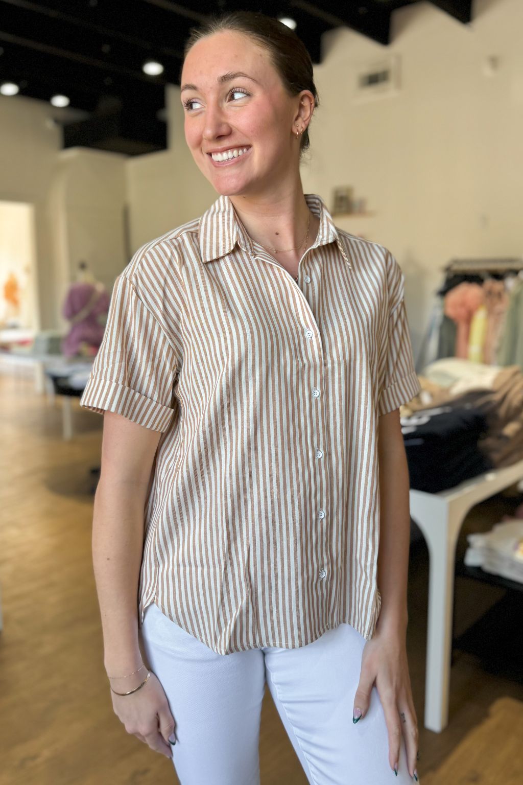 Striped Short Sleeve Button Up Top Brown