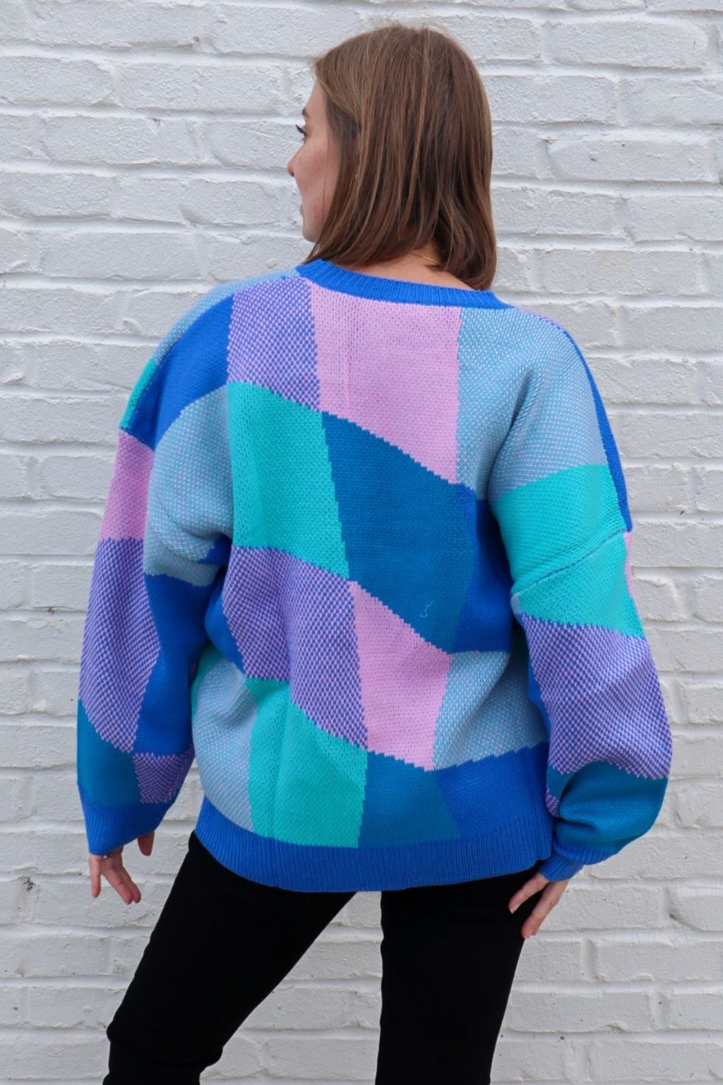 Colorblock Checkered Crewneck Sweater