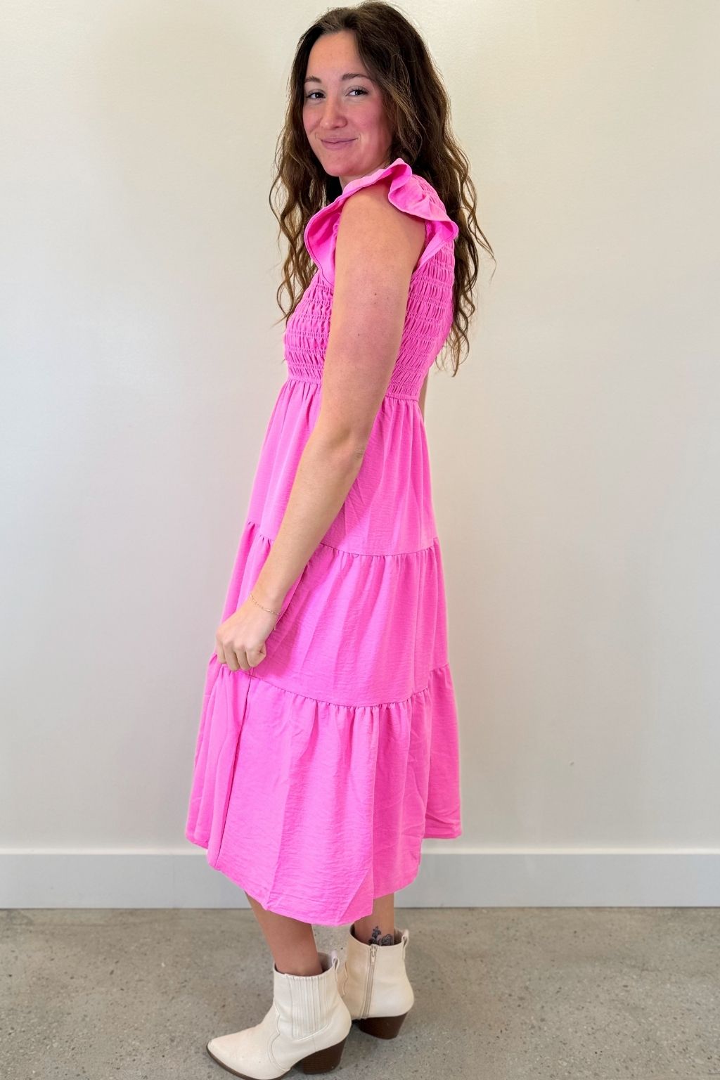 Flutter Sleeve Smocked Midi Dress Pink