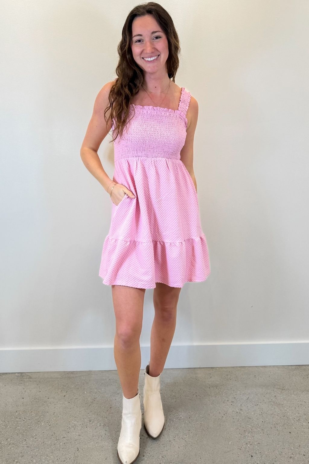 Smocked Tiered Sleeveless Dress Pink