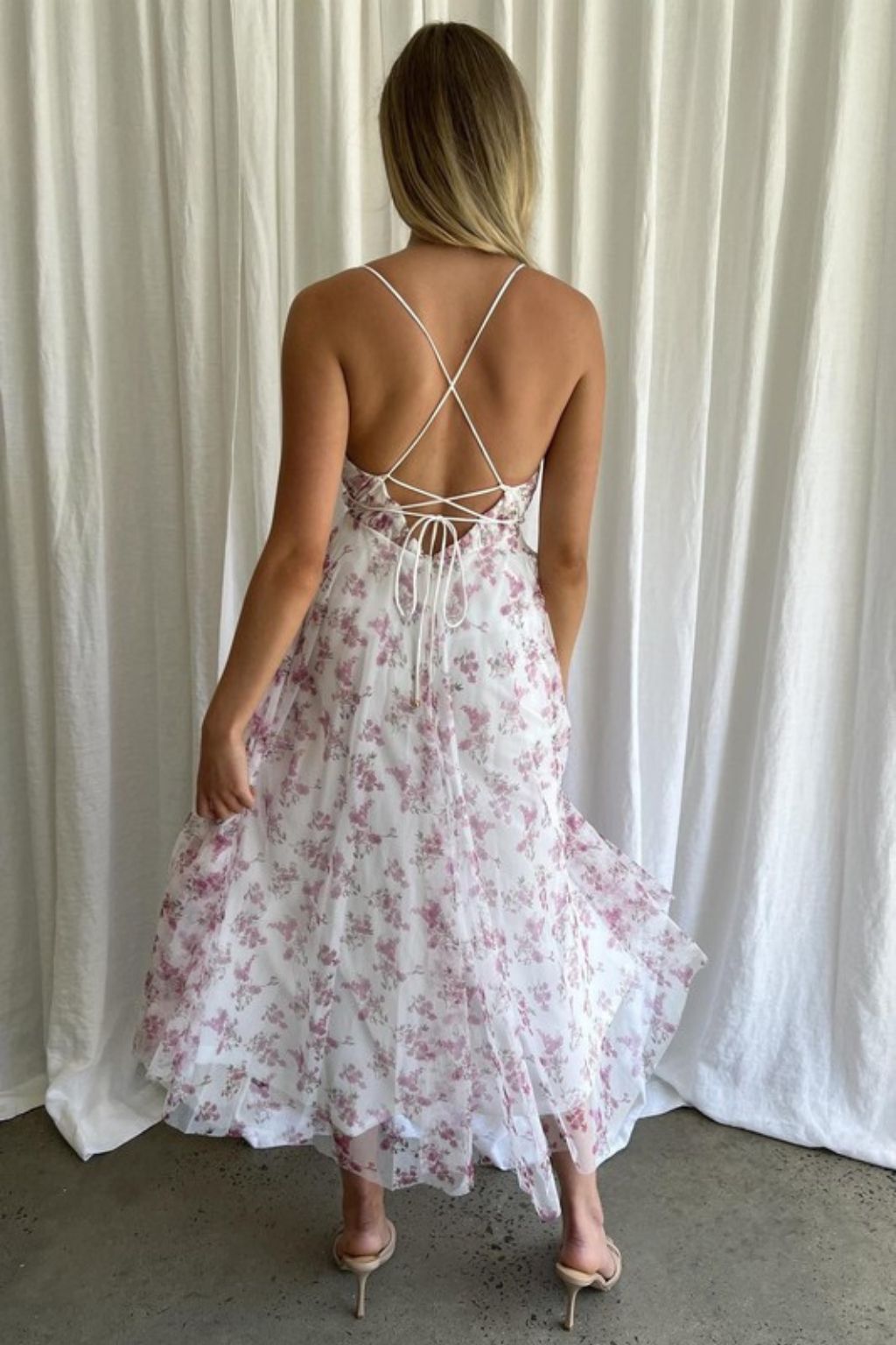 Floral Print Plunging Neck Tulle Maxi Dress
